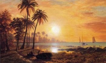 Albert Bierstadt : Tropical Landscape with Fishing Boats in Bay